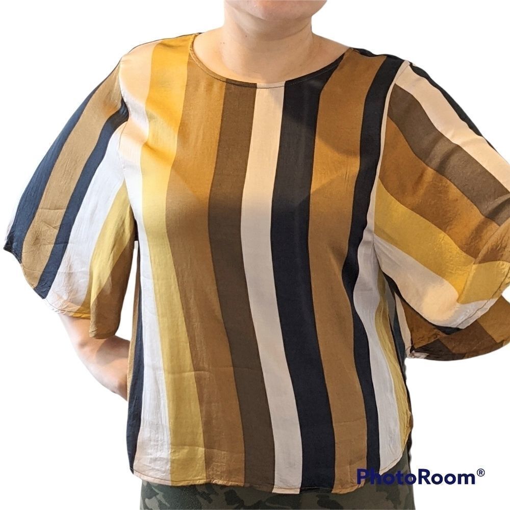 SOYA concept Satin striped Blouse with bell sleeves size Large @F